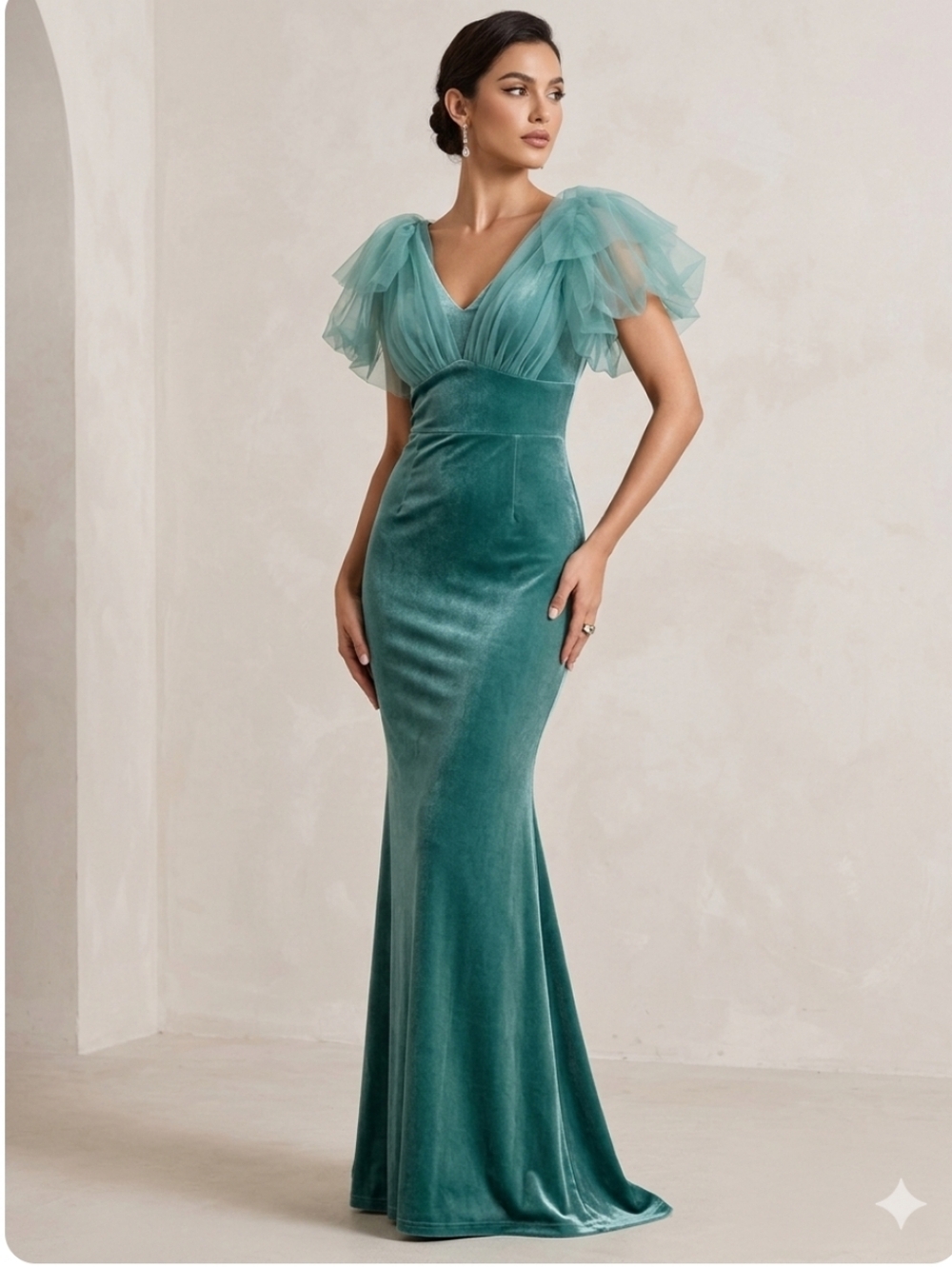 Faeriesty Elegant V Neck Ruffle Sleeve Green Velvet Mermaid Dress Small NWOT